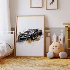 May include: A watercolor painting of a black race car with a green and yellow design. The car is on a white background with splashes of brown and orange paint.