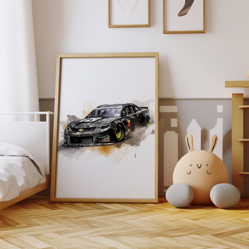 May include: A watercolor painting of a black race car with a green and yellow design. The car is on a white background with splashes of brown and orange paint.