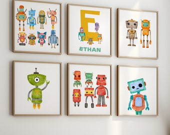 Personalized Robot Prints, Set of 6, Playroom Nursery Decor (Digital Download)