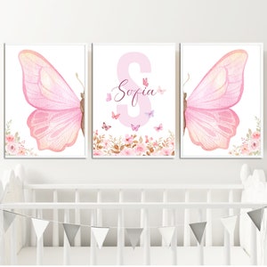 Lámina personalizada de mariposa rosa para guardería, arte mural de mariposas, flores y mariposas rosas, lámina de flores silvestres, decoración de mariposas, arte floral para guardería imagen 9