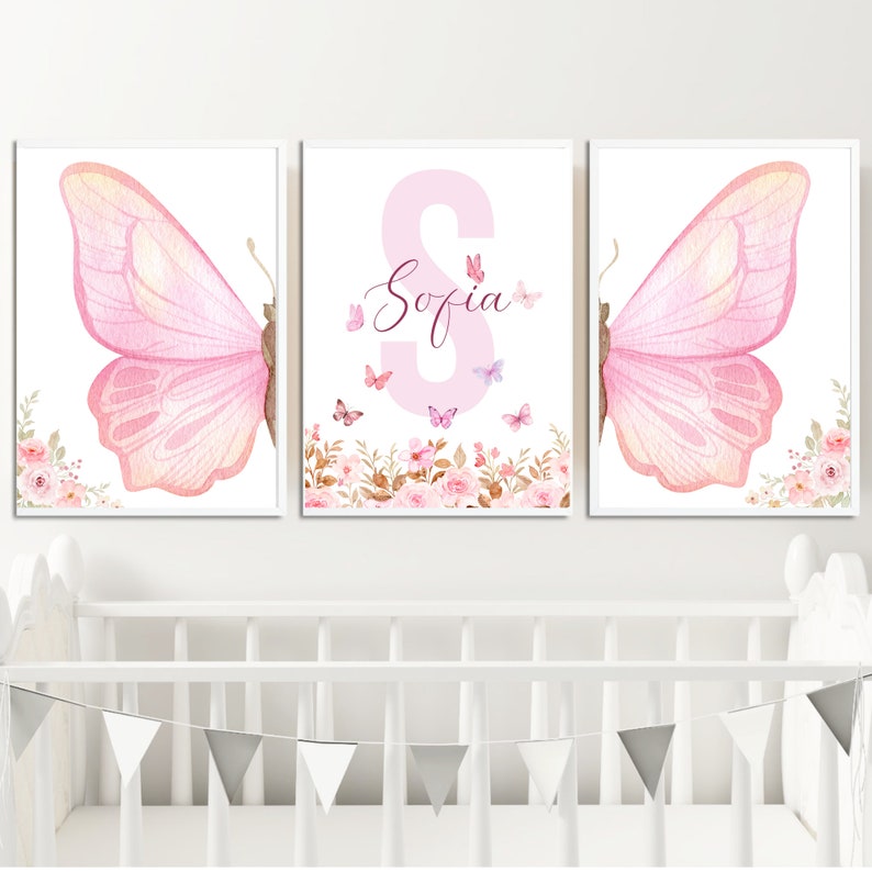 Lámina personalizada de mariposa rosa para guardería, arte mural de mariposas, flores y mariposas rosas, lámina de flores silvestres, decoración de mariposas, arte floral para guardería imagen 9