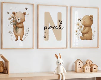 Bear and Bee Nursery Prints, Woodland Animal Prints, Bumblebee Baby Room Decor, Bear Neutral Boho Kids Room, Baby Animal Poster, Bear Art