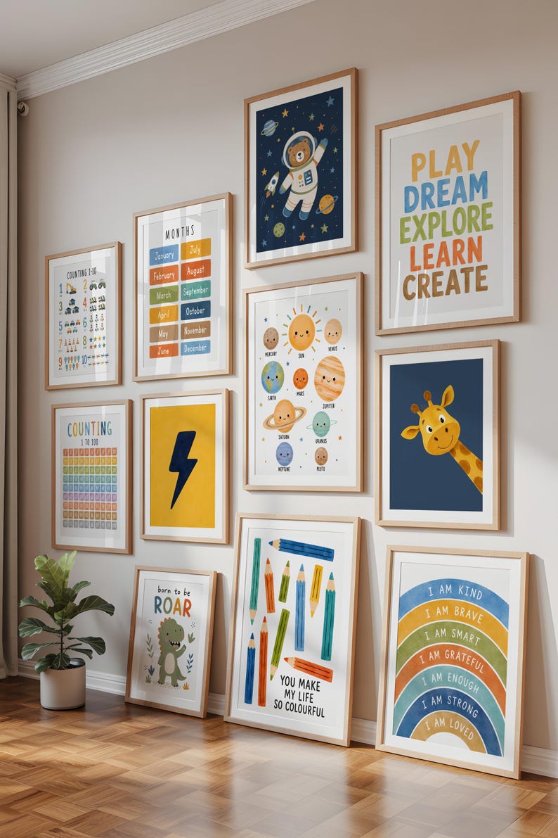 May include: A gallery wall featuring ten framed prints with educational and whimsical themes, including a solar system chart, a giraffe, a dinosaur, a rainbow with affirmations, counting charts, months of the year, and colorful pencils.