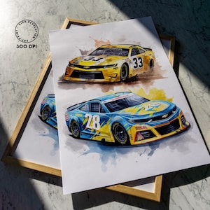 May include: Two framed watercolor prints of race cars. One print features a yellow car with the number 33, and the other showcases a blue car with the number 28. The prints are labeled "HIGH RESOLUTION ART PRINT 300 DPI".