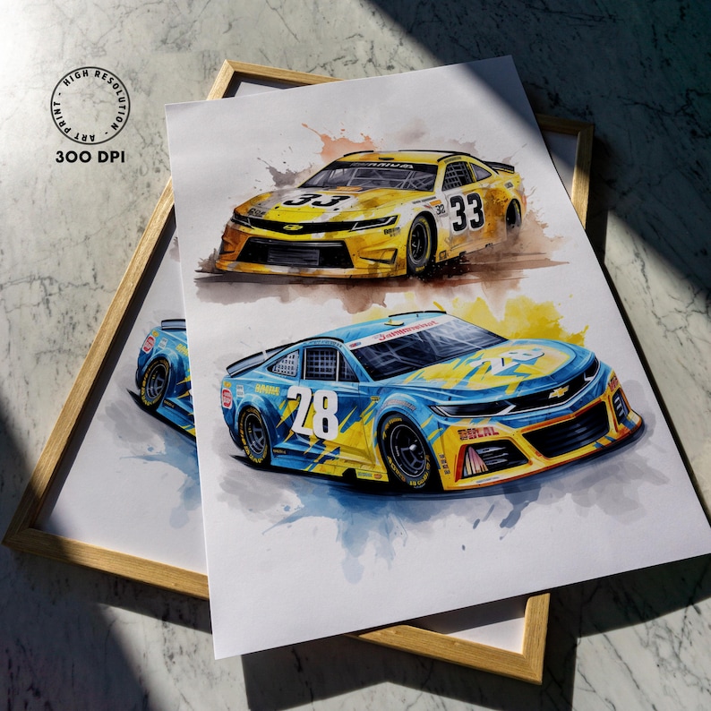 May include: Two framed watercolor prints of race cars. One print features a yellow car with the number 33, and the other showcases a blue car with the number 28. The prints are labeled "HIGH RESOLUTION ART PRINT 300 DPI".