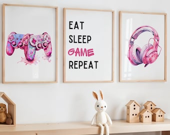 Pink Gamer Wall Art Set of 3, Girls Gaming Prints, Gamer Girl Room Decor, Pink Gaming Wall Art, Girl Playroom Decor, Pink Controller Art