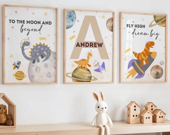Dinosaur Prints, Dinosaur Nursery Print, Space Decor Boys Room, Outer Space Nursery Print, Dino Print, Astronaut Dino Print, Dinosaur Art