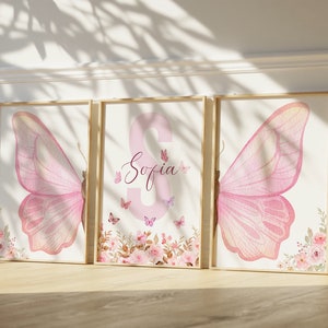 Lámina personalizada de mariposa rosa para guardería, arte mural de mariposas, flores y mariposas rosas, lámina de flores silvestres, decoración de mariposas, arte floral para guardería imagen 2