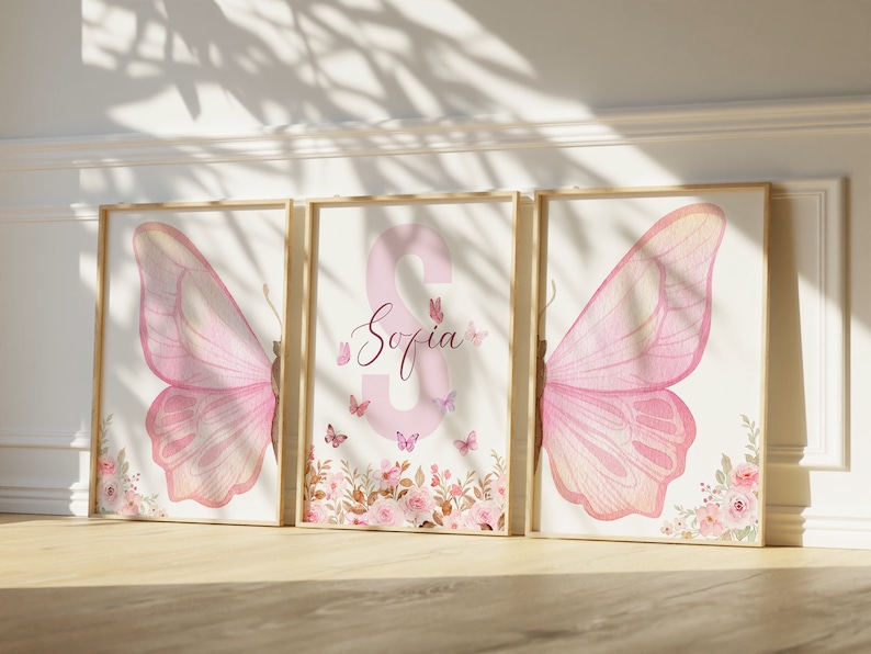 Lámina personalizada de mariposa rosa para guardería, arte mural de mariposas, flores y mariposas rosas, lámina de flores silvestres, decoración de mariposas, arte floral para guardería imagen 2