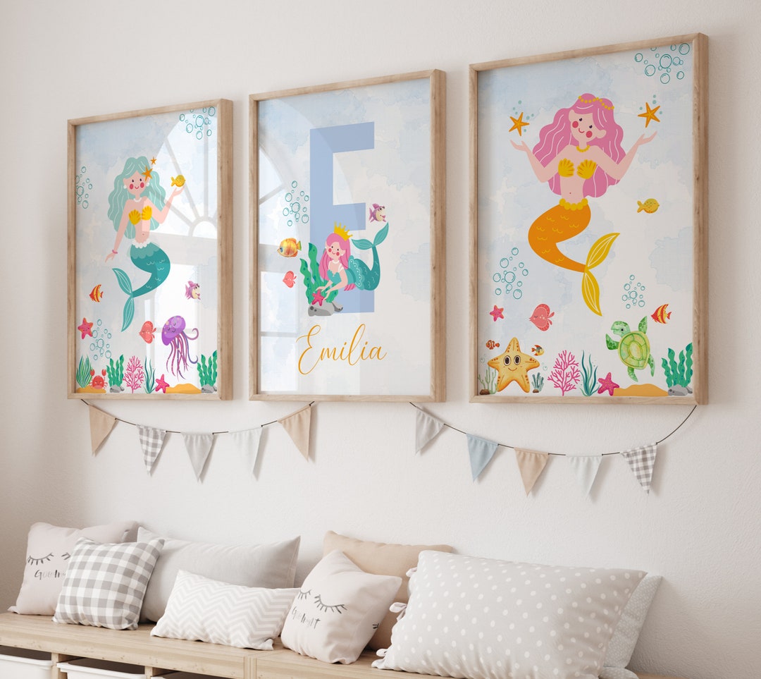 Personalized Mermaid Nursery Prints, Mermaid Print Set; Under the Sea ...