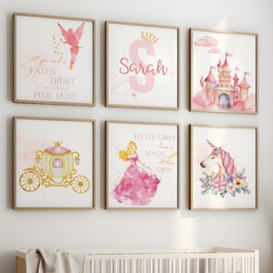 Lot de 6 impressions pour chambre de bébé princesse, château de conte de fées, impression pour chambre de bébé licorne, décoration de chambre de fille, art mural princesse, impressions pour chambre d'enfant