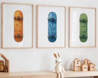 Stampa acquerello di skateboard, arte murale di skateboard, decorazioni per skateboard, decorazioni per cameretta a tema skate, cameretta per ragazzi skater, stampa di skater, arte dello skate