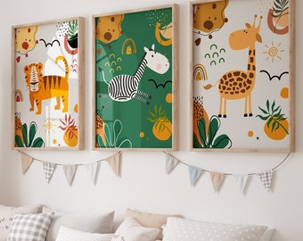 Safari Nursery Wall Prints, Boho Nursery Decor, Baby Animal Prints, Lion Giraffe Nursery Print, Kids Room Decor, Jungle Nursery Decor
