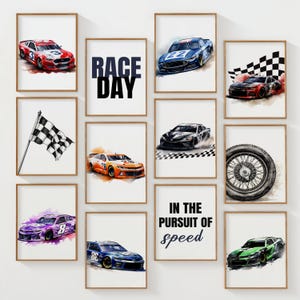 May include: A collection of framed art prints featuring race cars in various colors, a checkered flag, and the text "RACE DAY" and "IN THE PURSUIT OF speed". The art style is watercolor.