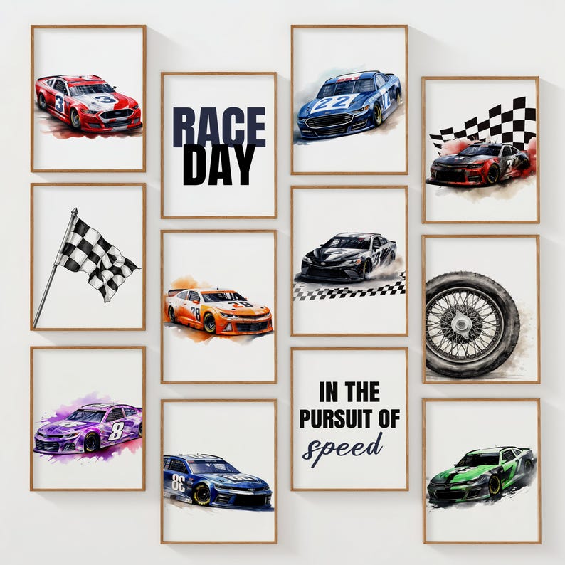 May include: A collection of framed art prints featuring race cars in various colors, a checkered flag, and the text "RACE DAY" and "IN THE PURSUIT OF speed". The art style is watercolor.