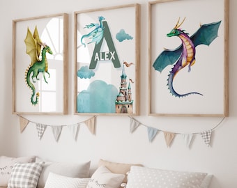 Personalized Dragon Nursery Prints, Dragon Nursery Decor, Mythical Creatures, Castle and Dragon Wall Print, Boys Room Decor, Dragon Poster