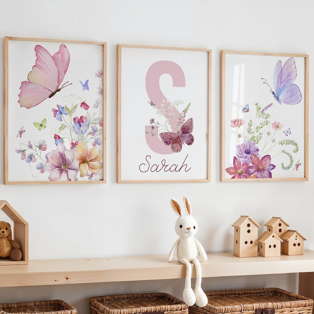 Butterfly Nursery Wall Art Set of 3, Floral Baby Girl Decor, Pink ...