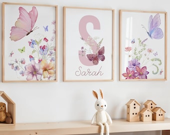 Custom Butterfly and Wildflowers Prints for Nursery, Butterfly Wall Art, Wildflowers Prints, Floral Nursery Wall Art, Watercolor Butterfly