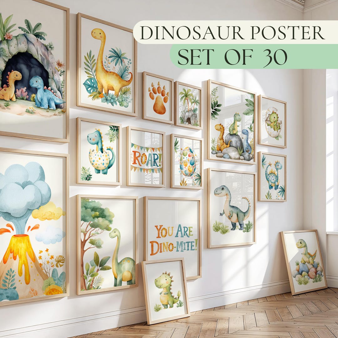 Dinosaur Nursery Wall Art Set of 30, Cute Dino Prints, Baby Boy Room ...