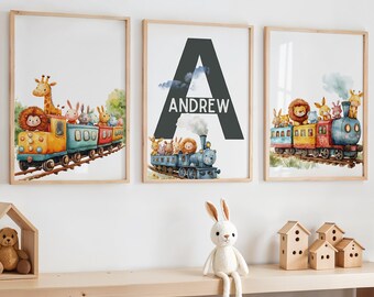Safari Animal Train Nursery Prints, Train Decor Kids Room, Safari Animal Prints, Train Theme Bedroom, Jungle Bedroom Print, Animal Baby Room