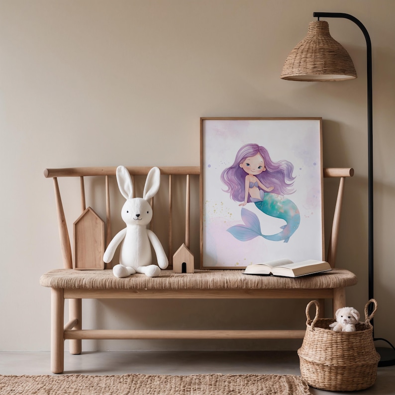 May include: A wooden bench with a light brown woven seat, a white stuffed bunny rabbit, a small wooden house, and a framed print of a purple-haired mermaid with a teal tail.