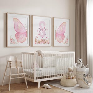 Lámina personalizada de mariposa rosa para guardería, arte mural de mariposas, flores y mariposas rosas, lámina de flores silvestres, decoración de mariposas, arte floral para guardería imagen 3