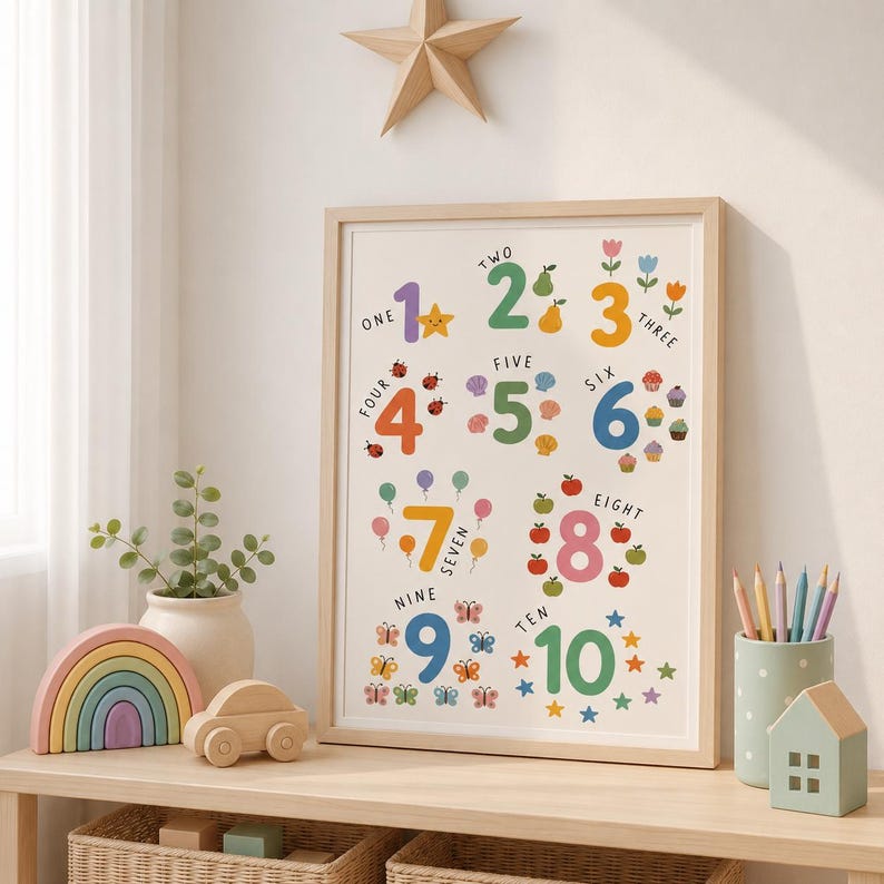 May include: A framed educational print featuring numbers one through ten, each with a corresponding illustration. The numbers are in various colors, with decorative elements like stars, fruits, and insects. The print is displayed on a wooden shelf with a rainbow stacker and a wooden car.