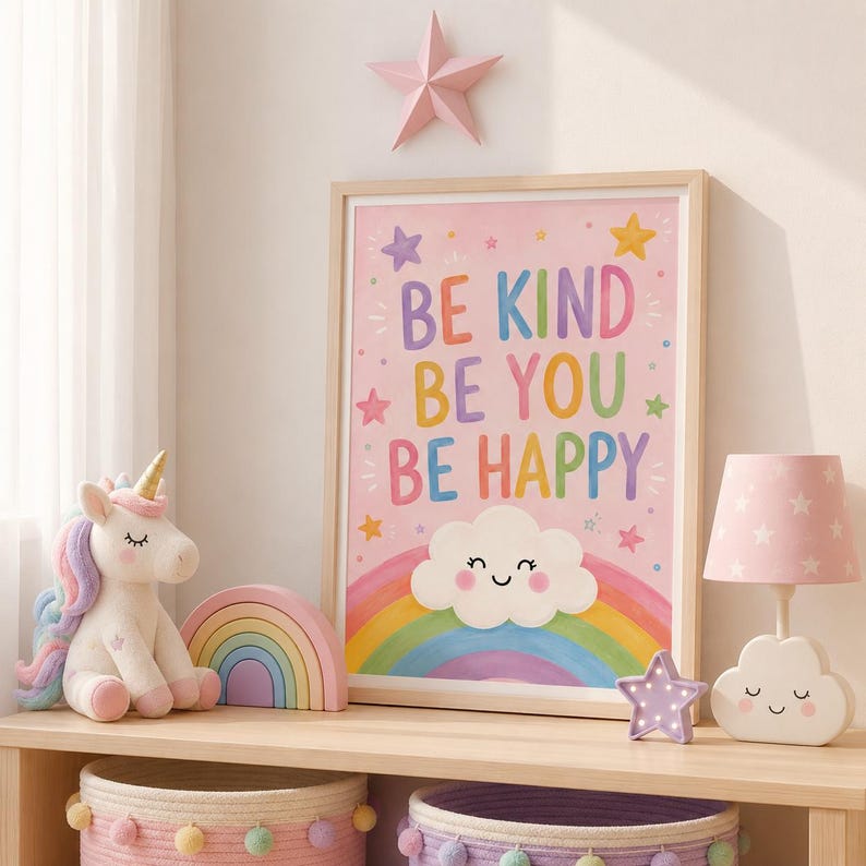 May include: A children's room decor scene featuring a framed print with the words "BE KIND BE YOU BE HAPPY", a plush unicorn, a rainbow, a star-shaped light, a cloud lamp, and decorative baskets. The color palette includes pastels.