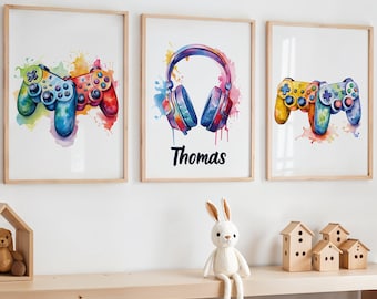 Set de 3 láminas de acuarela para pared con temática gamer, ideales para la habitación de un niño gamer. Láminas de videojuegos, regalo perfecto para gamers. Arte de videojuegos, decoración para habitación gamer.
