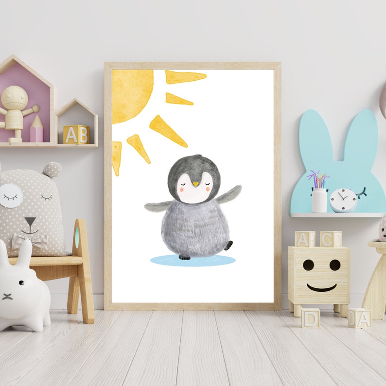 May include: A watercolor illustration of a penguin wearing a black and white coat, standing on a blue ice rink. The penguin is facing forward with its wings outstretched. A yellow sun with rays is in the upper left corner of the image.