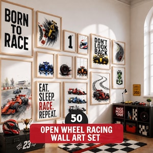 May include: A collection of framed wall art with a racing theme. The set includes various images of race cars, racing tracks, and motivational text like "Born to Race" and "Eat. Sleep. Race. Repeat." The color palette includes red, black, and white.