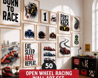 Open Wheel Racing Wall Art Set of 50, Race Car Prints Bundle, Boys Room Wall Art, Kids Racing Posters