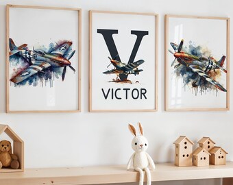 Personalisierte Flugzeug Kinderzimmer Wandkunst, Kampfflugzeug Kinderzimmer Dekor, WW2 Flugzeug Druck, Luftfahrt Kinderzimmer Druck, Aquarell Flugzeug Kunst