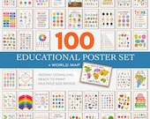 100 Preschool Learning Posters, Homeschool Printable Bundle, Educational Wall Art for Kids, ABC Numbers Colors Shapes Classroom Decor