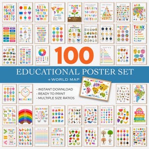 Op de afbeelding: Een set van 100 educatieve posters met verschillende thema's, waaronder het alfabet, cijfers, vormen en continenten. De posters zijn gerangschikt in een raster, met een grote "100" in het midden. De set bevat een wereldkaart.