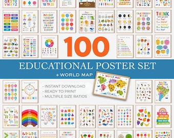 100 Preschool Learning Posters, Homeschool Printable Bundle, Educational Wall Art for Kids, ABC Numbers Colors Shapes Classroom Decor