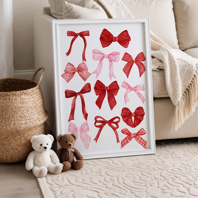 May include: A white framed print with a collection of red and pink bows. The bows are arranged in a grid pattern and are all different sizes and shapes.