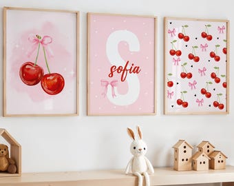 Cherry Prints, Pink Bow Print, Pink Coquette Wall Art, Bow Nursery Prints, Pink Bows Wall Art, Cherry Wall Art, Cherry Nursery, Pink Bow Art