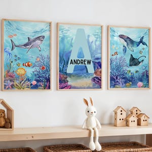 3er Set Ocean Prints, Nautik-Kinderzimmer, Wal-Druck, Baby-Kinderzimmer, Ozean-Themenzimmer, Unter dem Meer Drucke, Jungen-Schlafzimmer-Dekor