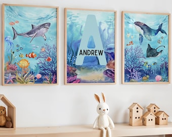 Set of 3 Ocean Nursery Prints, Nautical Nursery, Whale Print, Baby Boy Nursery, Ocean Theme Room, Under the Sea Prints, Boys Bedroom Decor