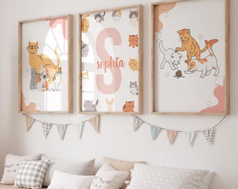 Láminas infantiles de gatitos adorables, arte mural de gatos juguetones (descarga digital)