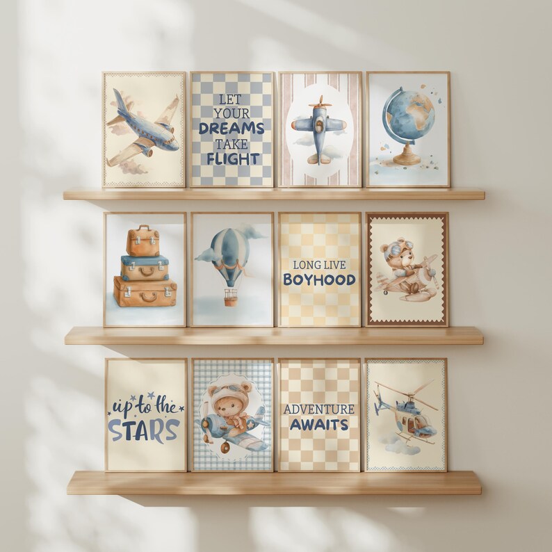 Aviation Nursery Wall Art Set of 20, Pilot Bear Airplane Prints, Baby ...