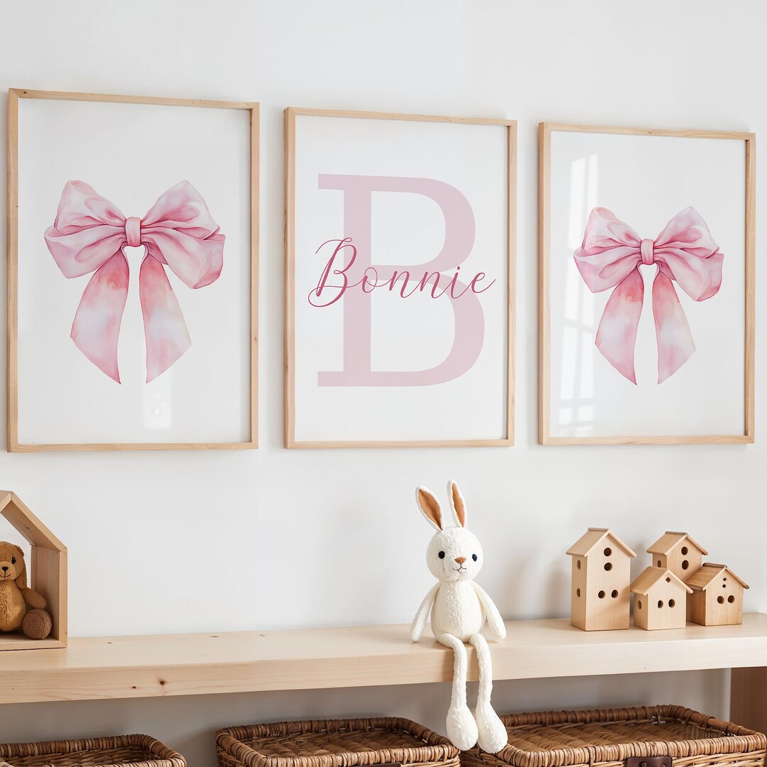 Pink Bow Watercolor Wall Art Set of 3 Prints, Pink Bow Nursery Decor ...