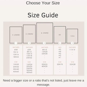 Peut inclure: Un guide des tailles pour les impressions, montrant diff&eacute;rents rapports d'aspect et tailles en pouces et en centim&egrave;tres. Les rapports sont 3:4, 2:3, 4:5, ISO et 11x14. Les tailles sont 6x8, 9x12, 12x16, 18x24, 6x9, 8x12, 10x15, 12x18, 24x36, 8x10, 16x20, 24x30, A5, A4, A3, A2, A1, 11x14.