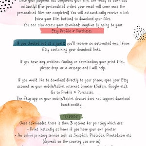 May include: A white background with a pink and orange watercolor design. Text on the page explains how to download and print digital files purchased from Etsy. The text includes instructions for downloading files from a computer, phone, or tablet. It also includes instructions for printing files at home, using an online printing service, or using an in-store printing service. The text recommends using a thick matte or satin paper with a minimum weight of 170gsm.