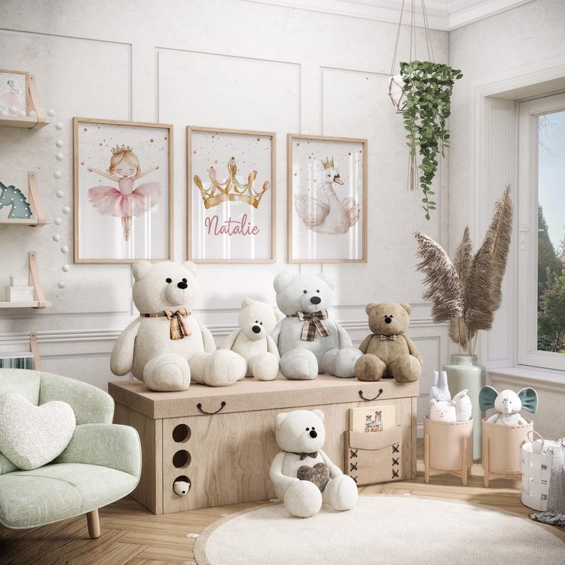 May include: A nursery scene featuring framed artwork with a ballerina, crown, and swan. Several teddy bears of varying sizes sit atop a wooden chest. A mint green armchair and decorative elements complete the room's decor.