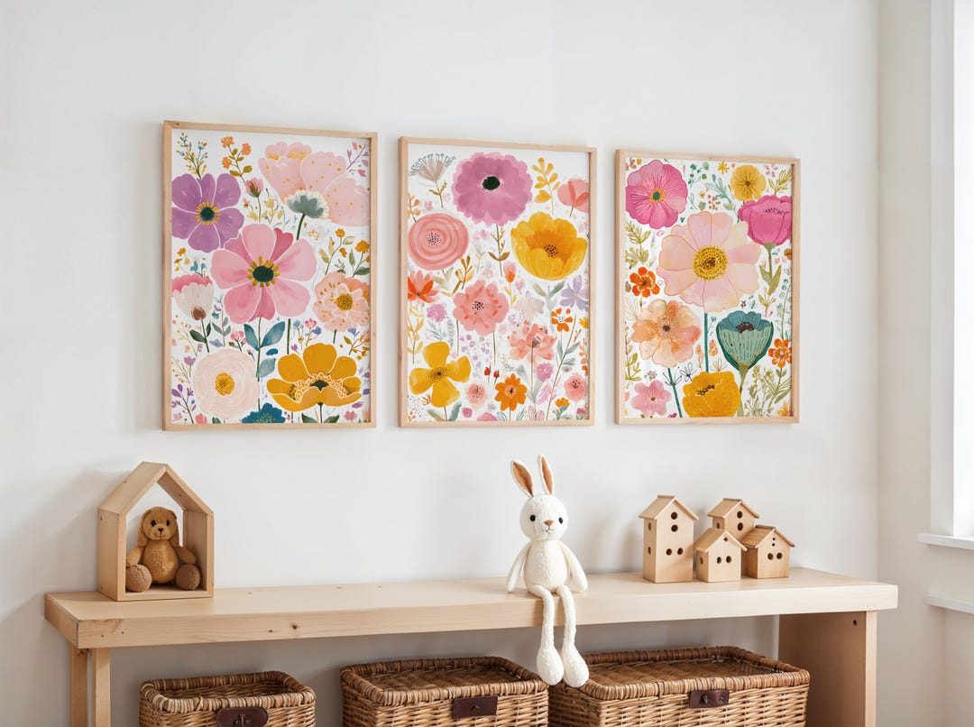 Floral Nursery Wall Art Set of 3, Pink Flower Nursery Prints, Floral ...