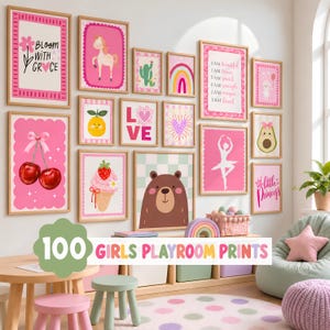 May include: A collection of wall art prints featuring various illustrations including a unicorn, cactus, rainbow, cherries, ice cream, a bear, a ballerina, and an avocado, all framed in light wood and displayed on a white wall.