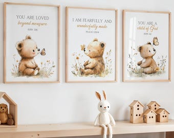 Christian Nursery Prints, Bible Verse Kids Room Wall Art, Woodland Nursery Print, Baby Bear Prints, Scripture Prints, Christian Baby Room