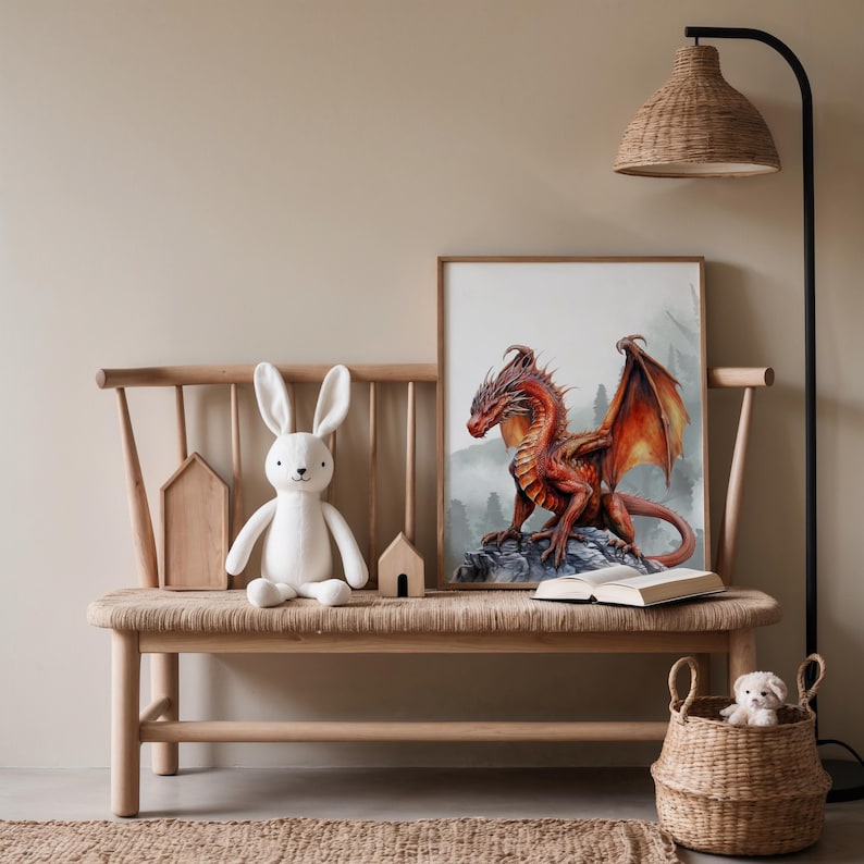 May include: A wooden bench with a woven seat holds a framed dragon print, a white stuffed bunny, and two small wooden houses. A woven basket with a stuffed dog sits on the floor. A woven lamp hangs above.